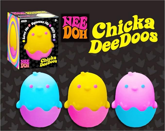 Schylling Nee Doh Chicka DeeDoos...Groovy, Squishy, Squeezy, Stretchy Stress Fidget, Switch & Swap Chicken and Eggs Purple/Blue, Pink/Blue & Yellow/Pink Complete Bundle with Storage Bag - 3 Pack